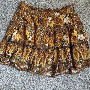 🦋 Rachel Zoe Yellow Brown Floral Ruffle Mini Skirt Stretch Casual Large